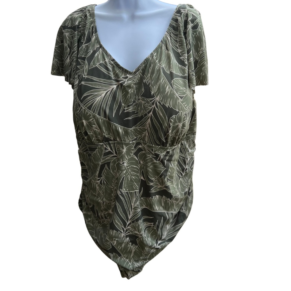 Denim & Co Women's Plus Sz Swimsuit 28 Co.Beach V-Neck Ruffle Sleeve Green